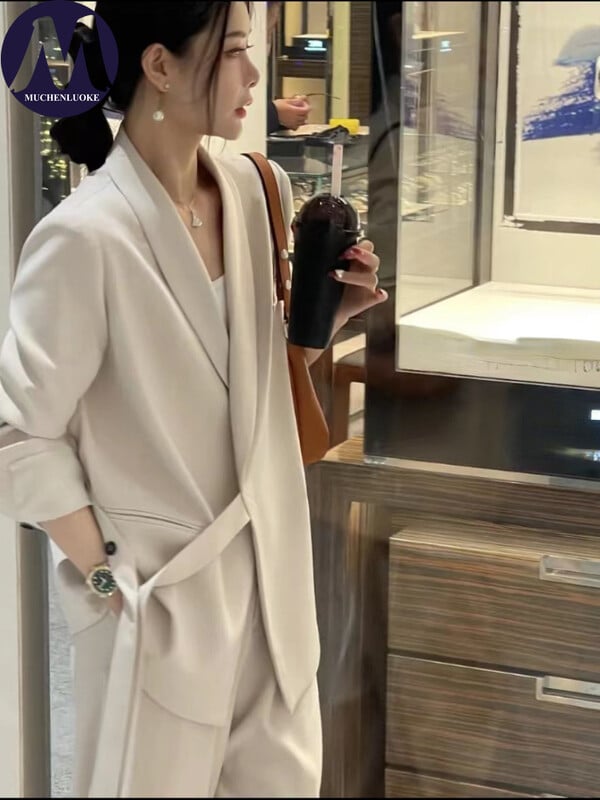 Blazer elegante de damă cu șireturi costume, modă coreeană, costume cu pantaloni largi, îmbrăcăminte casual, primăvară, toamnă, nou, 2023