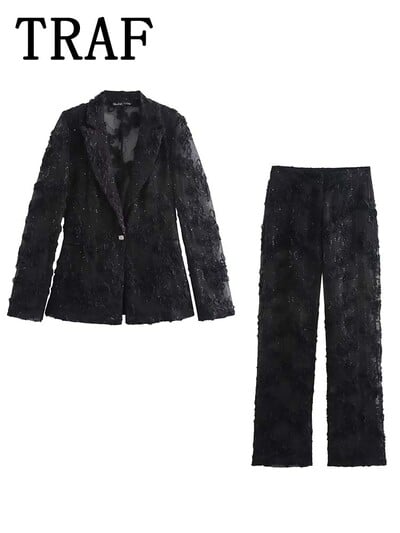 TRAF Seturi de pantaloni cu textura de paiete pentru femei 2 piese 2024 noua moda blazer translucid haina costum de dama tinuta eleganta de femei