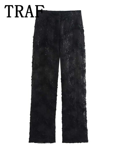 TRAF flitteres textúrájú nadrágszettek nőknek 2 részes 2024 új divatos áttetsző blézerkabát női öltöny, elegáns női ruha