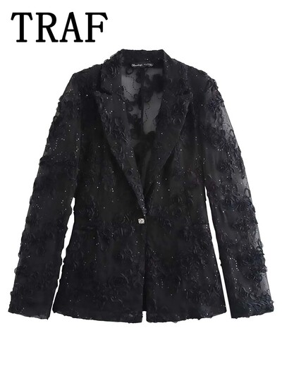 TRAF flitteres textúrájú nadrágszettek nőknek 2 részes 2024 új divatos áttetsző blézerkabát női öltöny, elegáns női ruha