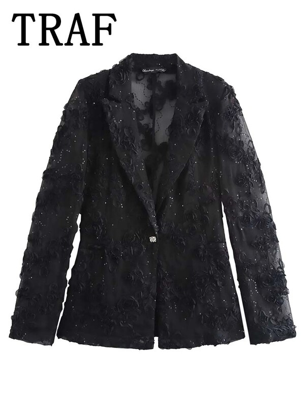 TRAF flitteres textúrájú nadrágszettek nőknek 2 részes 2024 új divatos áttetsző blézerkabát női öltöny, elegáns női ruha