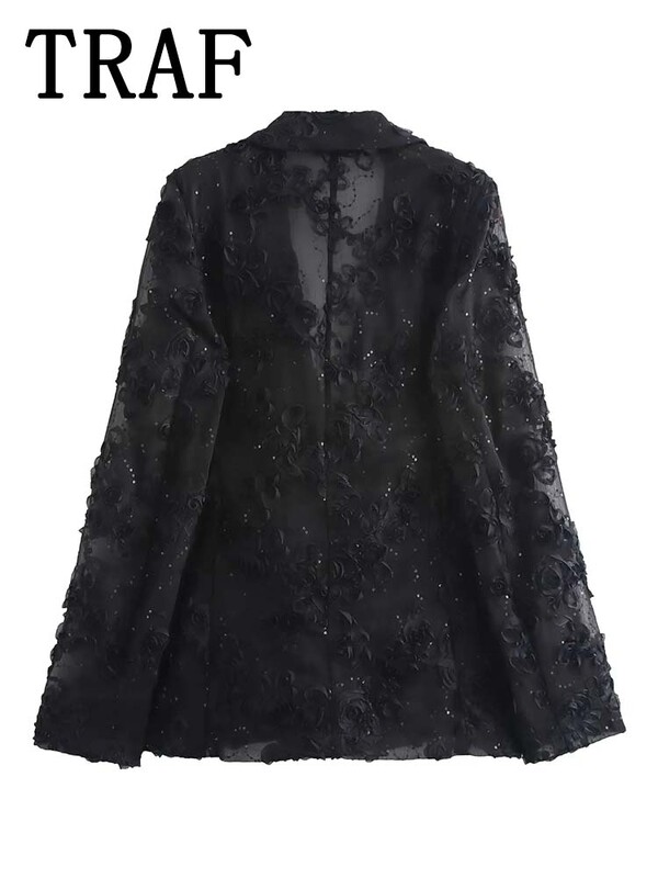 TRAF flitteres textúrájú nadrágszettek nőknek 2 részes 2024 új divatos áttetsző blézerkabát női öltöny, elegáns női ruha