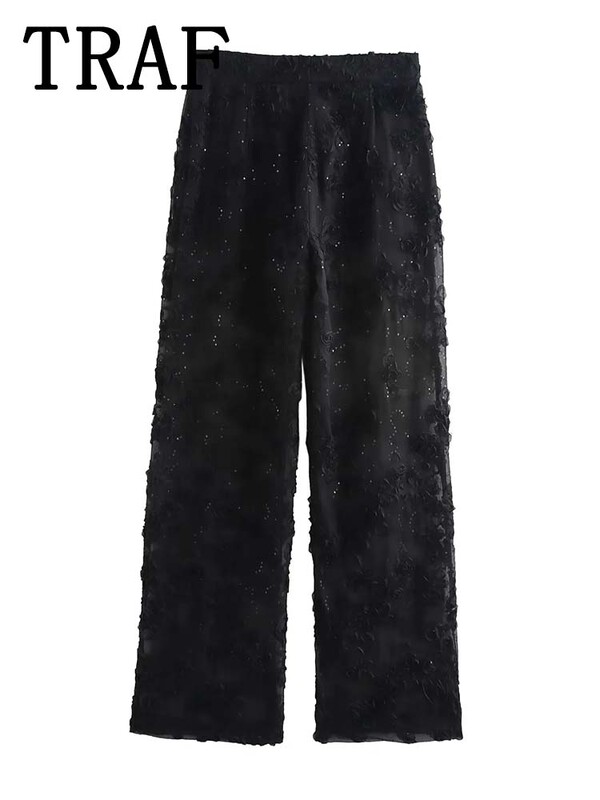 TRAF flitteres textúrájú nadrágszettek nőknek 2 részes 2024 új divatos áttetsző blézerkabát női öltöny, elegáns női ruha