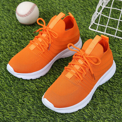 2023-as narancssárga, kötött, légáteresztő női tornacipő, 43-as, csúszásmentes, hálós, lapos női kényelmes, puha platós naplopó cipő