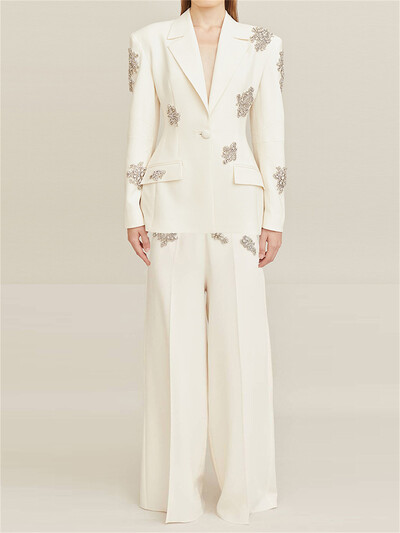 Divdaļīgs sieviešu uzvalku komplekts ar rhinestones aplikācijām, šauri pieguļošs žakete ar platām biksēm noliktavā