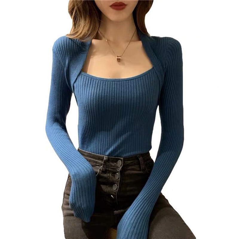 INS Νέο Χειμώνα Άνοιξη γυναικεία με μακριά μανίκια τετράγωνη λαιμόκοψη σάλι πλεκτή έλξη σέξι πουλόβερ από τον ώμο από πάνω γυναικεία πουλόβερ ρούχα