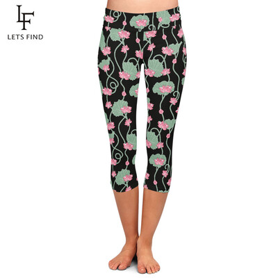LETSFIND Design frumos cu flori de lotus, cu imprimeu de mătase cu lapte, jambiere Capri pentru femei cu talie înaltă, colanți subțiri, de fitness