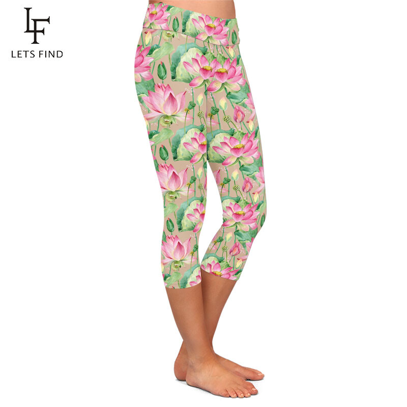 LETSFIND Design frumos cu flori de lotus, cu imprimeu de mătase cu lapte, jambiere Capri pentru femei cu talie înaltă, colanți subțiri, de fitness