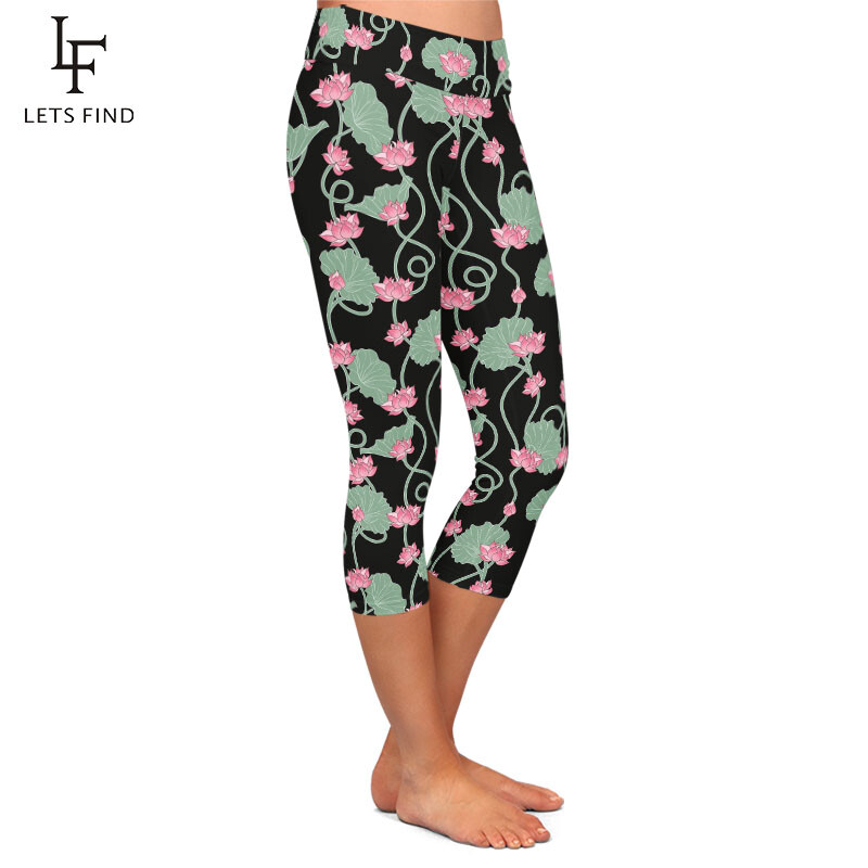 LETSFIND Design frumos cu flori de lotus, cu imprimeu de mătase cu lapte, jambiere Capri pentru femei cu talie înaltă, colanți subțiri, de fitness