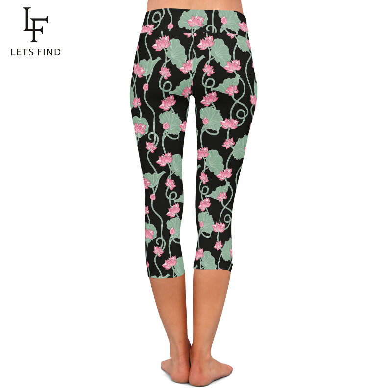 LETSFIND Design frumos cu flori de lotus, cu imprimeu de mătase cu lapte, jambiere Capri pentru femei cu talie înaltă, colanți subțiri, de fitness
