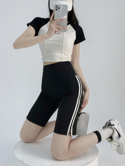 Pantaloni cu rechin în cinci puncte pentru femei, pantaloni scurți pentru ciclism, în dungi laterale, în dungi, de vară, subțiri, cu talie înaltă, pentru yoga, pentru fitness, pentru sport.