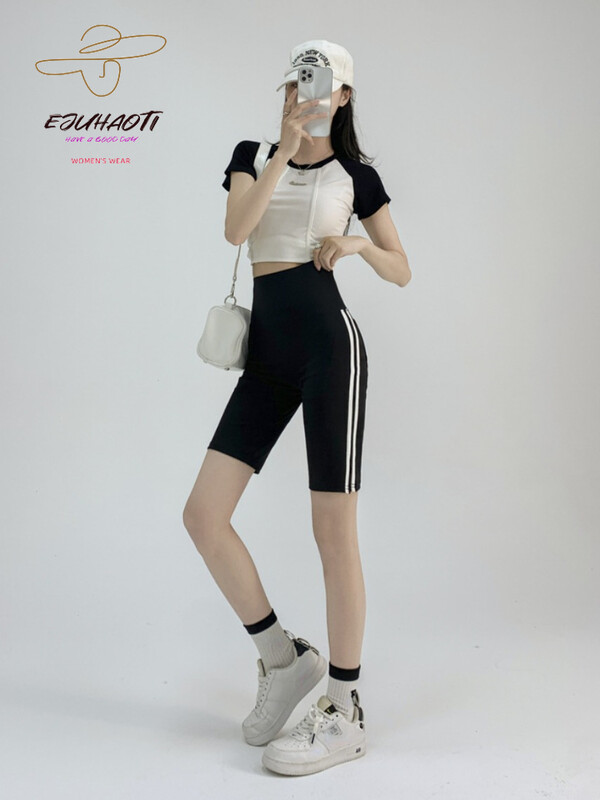 Pantaloni cu rechin în cinci puncte pentru femei, pantaloni scurți pentru ciclism, în dungi laterale, în dungi, de vară, subțiri, cu talie înaltă, pentru yoga, pentru fitness, pentru sport.