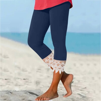 Pantaloni de vară 2024 pentru femei, din dantelă, elastici, până la vițel, jambiere cu talie mijlocie, pantaloni casual creion, pantaloni de stradă Lalies cu talie înaltă