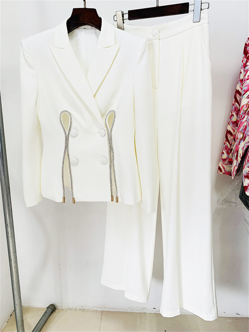 Strasuri Slim Fit Jachetă Tuxedo Pantaloni Set Costume Formale Invitat la nuntă Imagini reale Set de costum de modă pentru femei galbene