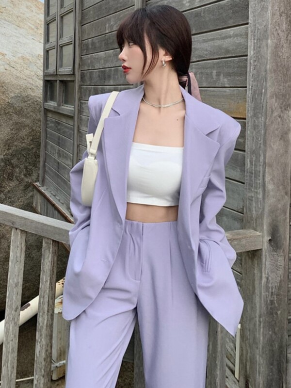 Sacou de toamnă pentru femei violet, pantaloni, jachetă largi, pantaloni, set de 2 piese, pentru afaceri, pantaloni casual, ținută nou