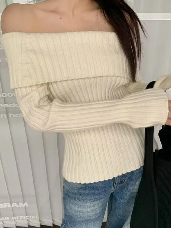 Pulover de toamnă iarnă, culoare uni, tricot în coastă, cu umăr, pulover sexy pentru femei, cu mânecă completă, tricotaje subțire, elastică.