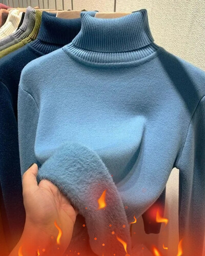 Κορεατικά πλεκτά πουλόβερ με κορεάτικο ζιβάγκο 2024 Winter Plus βελούδινο πουλόβερ Casual μπλούζες ζεστά πλεκτά με επένδυση από φλις