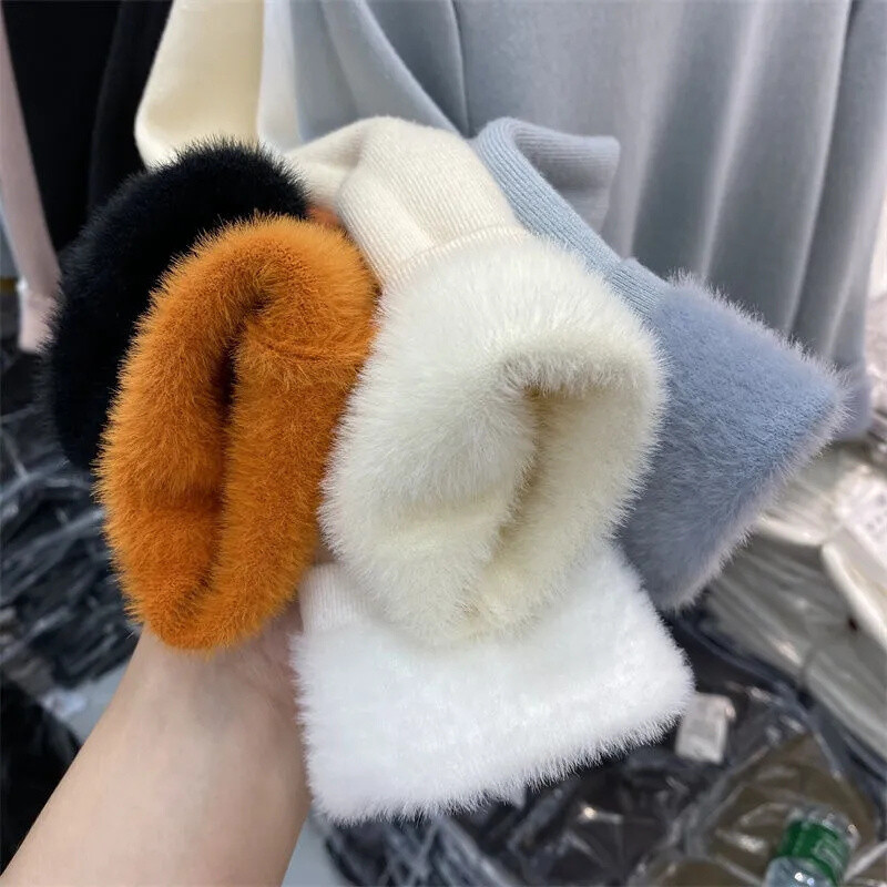 Κορεατικά πλεκτά πουλόβερ με κορεάτικο ζιβάγκο 2024 Winter Plus βελούδινο πουλόβερ Casual μπλούζες ζεστά πλεκτά με επένδυση από φλις