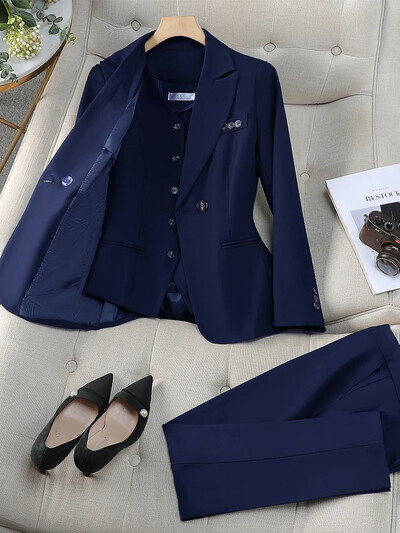 2024 Vestă pentru femei noi, sacou, jachetă și costum cu pantaloni, roz, albastru, caise, birou, dame, afaceri, serviciu, carieră, ținută formală, set de 3 piese