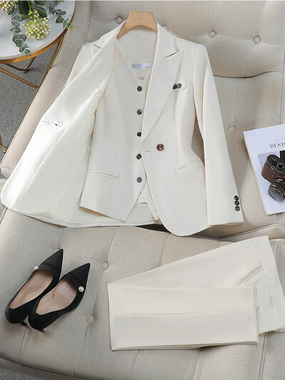 2024 Vestă pentru femei noi, sacou, jachetă și costum cu pantaloni, roz, albastru, caise, birou, dame, afaceri, serviciu, carieră, ținută formală, set de 3 piese