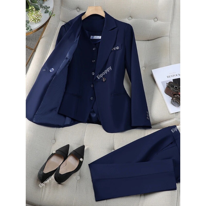 2024 Vestă pentru femei noi, sacou, jachetă și costum cu pantaloni, roz, albastru, caise, birou, dame, afaceri, serviciu, carieră, ținută formală, set de 3 piese