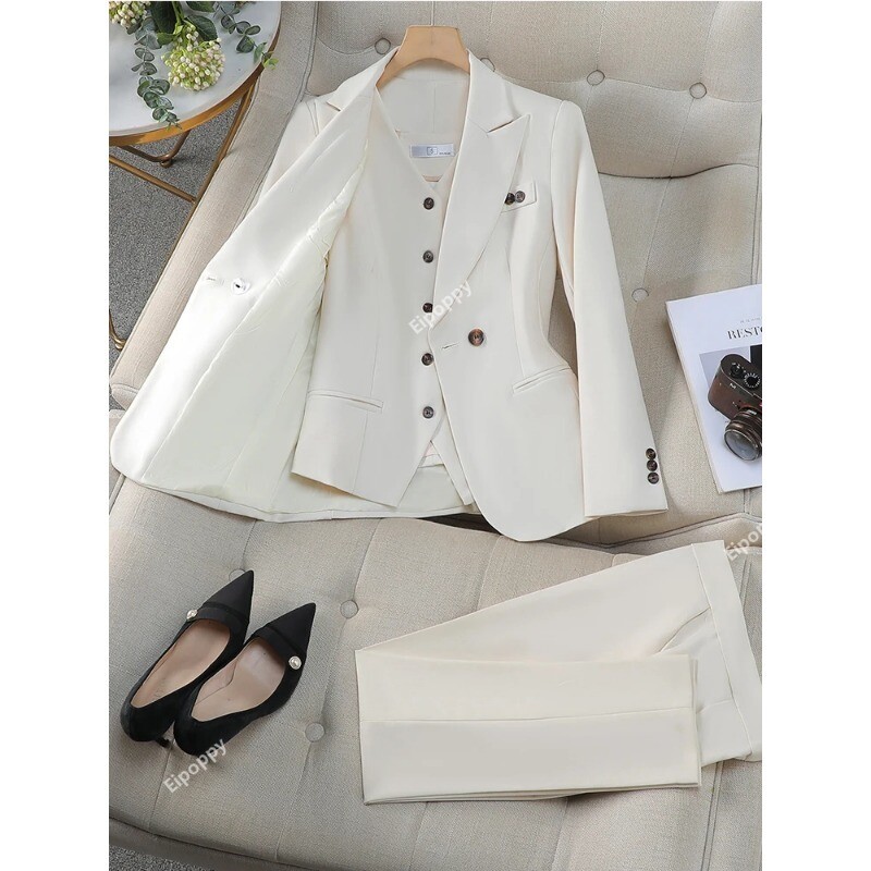 2024 Vestă pentru femei noi, sacou, jachetă și costum cu pantaloni, roz, albastru, caise, birou, dame, afaceri, serviciu, carieră, ținută formală, set de 3 piese