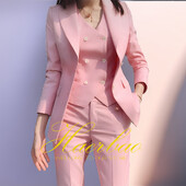 Γυναικείο Σετ σακάκι και παντελόνι Slim Fit, Γιλέκο με διπλό στήθος, Επαγγελματικά επίσημα ρούχα εργασίας, Κοστούμι παντελόνι, Ροζ, Lady, Party, Σετ 3 τεμαχίων