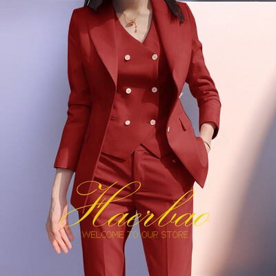 Γυναικείο Σετ σακάκι και παντελόνι Slim Fit, Γιλέκο με διπλό στήθος, Επαγγελματικά επίσημα ρούχα εργασίας, Κοστούμι παντελόνι, Ροζ, Lady, Party, Σετ 3 τεμαχίων