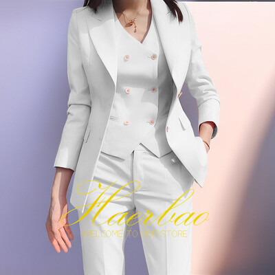 Γυναικείο Σετ σακάκι και παντελόνι Slim Fit, Γιλέκο με διπλό στήθος, Επαγγελματικά επίσημα ρούχα εργασίας, Κοστούμι παντελόνι, Ροζ, Lady, Party, Σετ 3 τεμαχίων