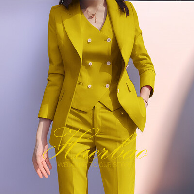 Γυναικείο Σετ σακάκι και παντελόνι Slim Fit, Γιλέκο με διπλό στήθος, Επαγγελματικά επίσημα ρούχα εργασίας, Κοστούμι παντελόνι, Ροζ, Lady, Party, Σετ 3 τεμαχίων