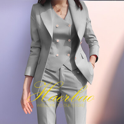 Γυναικείο Σετ σακάκι και παντελόνι Slim Fit, Γιλέκο με διπλό στήθος, Επαγγελματικά επίσημα ρούχα εργασίας, Κοστούμι παντελόνι, Ροζ, Lady, Party, Σετ 3 τεμαχίων