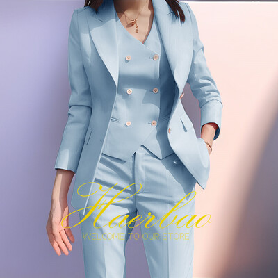 Γυναικείο Σετ σακάκι και παντελόνι Slim Fit, Γιλέκο με διπλό στήθος, Επαγγελματικά επίσημα ρούχα εργασίας, Κοστούμι παντελόνι, Ροζ, Lady, Party, Σετ 3 τεμαχίων