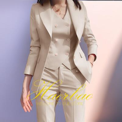 Γυναικείο Σετ σακάκι και παντελόνι Slim Fit, Γιλέκο με διπλό στήθος, Επαγγελματικά επίσημα ρούχα εργασίας, Κοστούμι παντελόνι, Ροζ, Lady, Party, Σετ 3 τεμαχίων