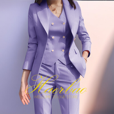 Γυναικείο Σετ σακάκι και παντελόνι Slim Fit, Γιλέκο με διπλό στήθος, Επαγγελματικά επίσημα ρούχα εργασίας, Κοστούμι παντελόνι, Ροζ, Lady, Party, Σετ 3 τεμαχίων