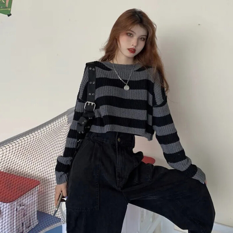 Μόδα κομμένο πουλόβερ Σέξι μπλούζες Γυναικεία Μαύρα Λευκά Ριγέ Πλεκτό Πλεκτό Sueter Αισθητική Κορεάτικη κοντή έλξη πουλόβερ Y2K Goth