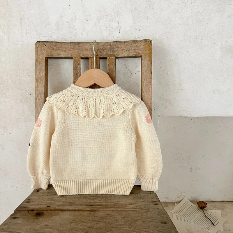 Pulovere versatile de toamnă pentru fete, guler brodat cu frunze de lotus, tricotat din bumbac pur, cardigan cu mâneci lungi, pulovere largi