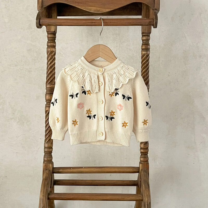 Pulovere versatile de toamnă pentru fete, guler brodat cu frunze de lotus, tricotat din bumbac pur, cardigan cu mâneci lungi, pulovere largi