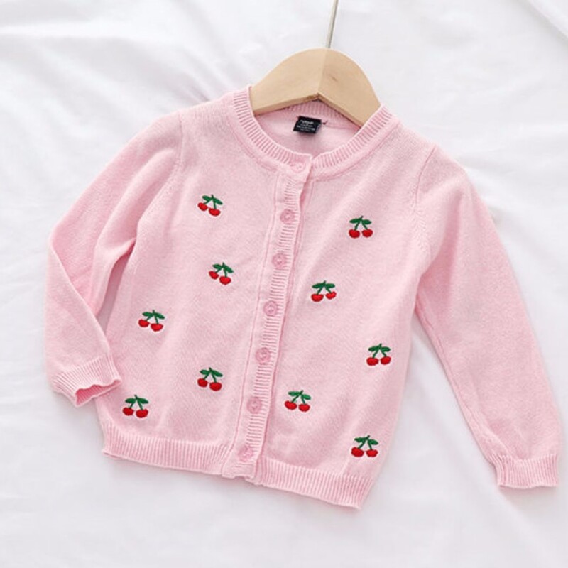 Little Girls Virsdrēbes Jaka Cherry Baby Cardigan Džemperis Pelēks Kokvilnas Balts Rozā mētelis 1 2 3 gadus vecam OGC215414