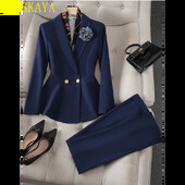 Costumul cu pantaloni elegant, albastru, alb, pentru dama, toamnă, noua îmbrăcăminte de lucru pentru femei, set formal 2 piese, jachetă subțire cu volan, blazer și pantaloni