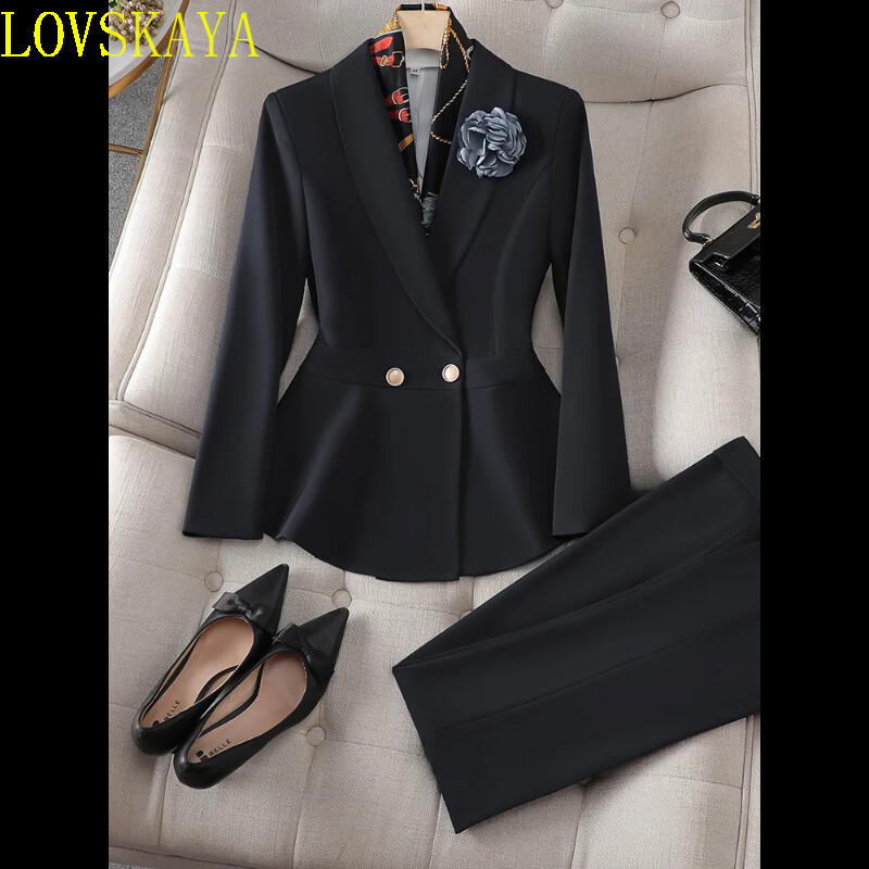 Costumul cu pantaloni elegant, albastru, alb, pentru dama, toamnă, noua îmbrăcăminte de lucru pentru femei, set formal 2 piese, jachetă subțire cu volan, blazer și pantaloni
