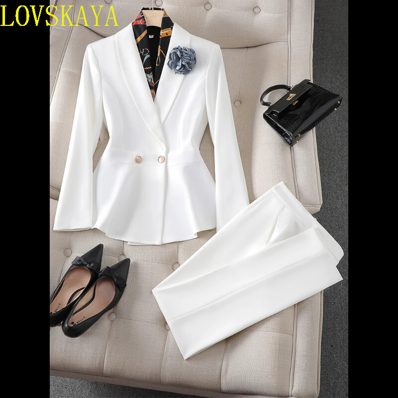 Costumul cu pantaloni elegant, albastru, alb, pentru dama, toamnă, noua îmbrăcăminte de lucru pentru femei, set formal 2 piese, jachetă subțire cu volan, blazer și pantaloni