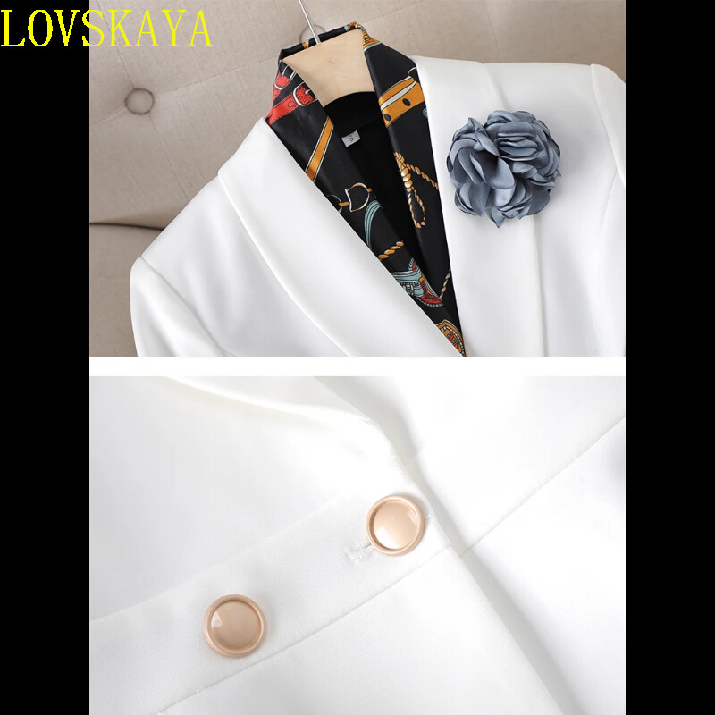 Costumul cu pantaloni elegant, albastru, alb, pentru dama, toamnă, noua îmbrăcăminte de lucru pentru femei, set formal 2 piese, jachetă subțire cu volan, blazer și pantaloni