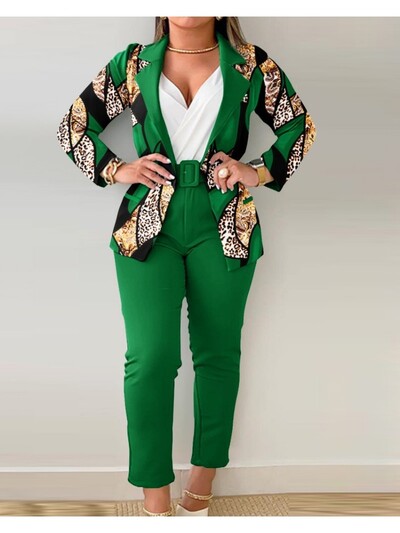 Komplekti Tērpu komplekti 2023. gada mētelis ar pogām un baroka leoparda raksta bikses ar jostu, divu modes priekšmetu komplekts sievietēm Eleganta sieviete