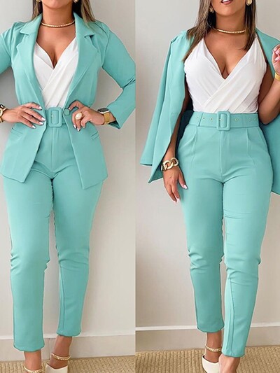 Komplekti Tērpu komplekti 2023. gada mētelis ar pogām un baroka leoparda raksta bikses ar jostu, divu modes priekšmetu komplekts sievietēm Eleganta sieviete