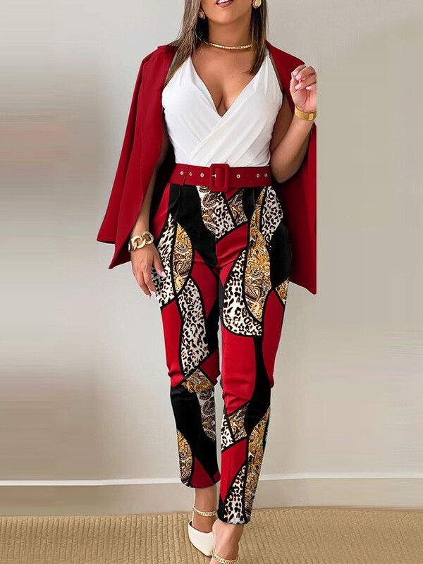 Komplekti Tērpu komplekti 2023. gada mētelis ar pogām un baroka leoparda raksta bikses ar jostu, divu modes priekšmetu komplekts sievietēm Eleganta sieviete