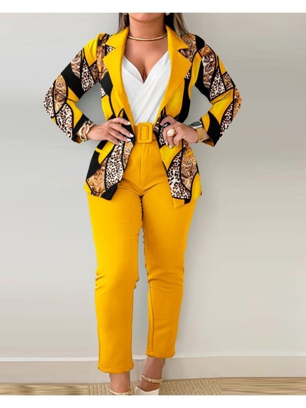 Komplekti Tērpu komplekti 2023. gada mētelis ar pogām un baroka leoparda raksta bikses ar jostu, divu modes priekšmetu komplekts sievietēm Eleganta sieviete