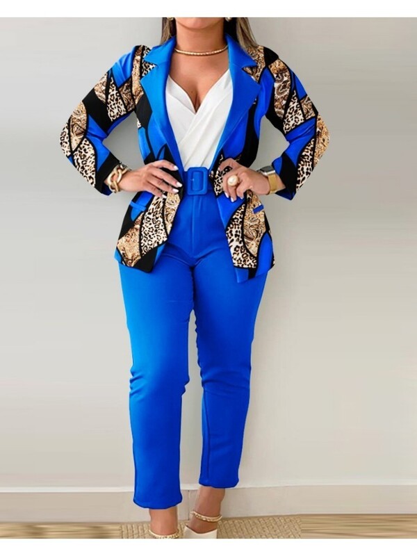 Komplekti Tērpu komplekti 2023. gada mētelis ar pogām un baroka leoparda raksta bikses ar jostu, divu modes priekšmetu komplekts sievietēm Eleganta sieviete