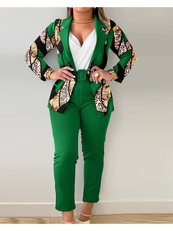 Komplekti Tērpu komplekti 2023. gada mētelis ar pogām un baroka leoparda raksta bikses ar jostu, divu modes priekšmetu komplekts sievietēm Eleganta sieviete