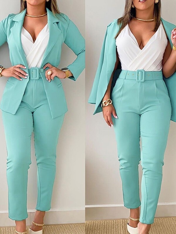 Komplekti Tērpu komplekti 2023. gada mētelis ar pogām un baroka leoparda raksta bikses ar jostu, divu modes priekšmetu komplekts sievietēm Eleganta sieviete