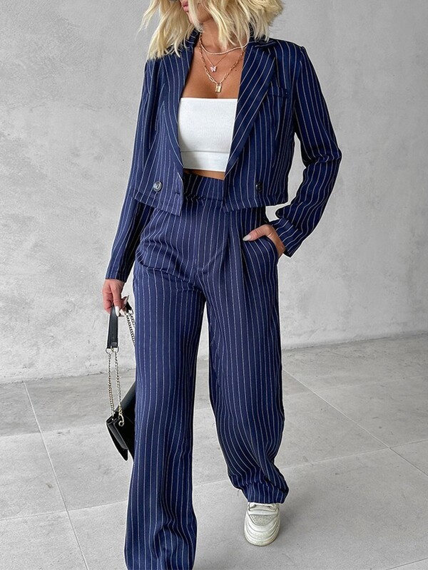 Szettek 2023-as ruhák, új csíkos blézerkabát és egyenes szárú nadrág szett, két divatos, alkalmi női darabból